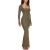 imageINLYRIC Womens Long Sleeve Bodycon Maxi Dress Square Neck Lounge Slip Ribbed Tight Long DressesDesert Olive
