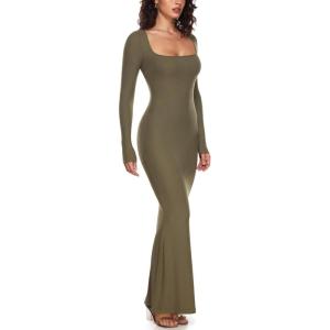 imageINLYRIC Womens Long Sleeve Bodycon Maxi Dress Square Neck Lounge Slip Ribbed Tight Long DressesDesert Olive