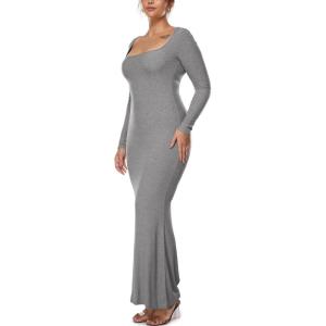 imageINLYRIC Womens Long Sleeve Bodycon Maxi Dress Square Neck Lounge Slip Ribbed Tight Long DressesHeather Carbon