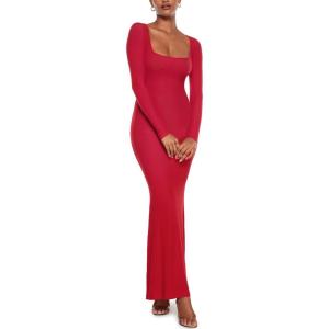 imageINLYRIC Womens Long Sleeve Bodycon Maxi Dress Square Neck Lounge Slip Ribbed Tight Long DressesLipstick Red