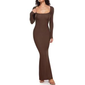 imageINLYRIC Womens Long Sleeve Bodycon Maxi Dress Square Neck Lounge Slip Ribbed Tight Long DressesPinecone