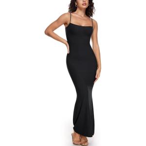 imageINLYRIC Womens Maxi Bodycon Dress Lounge Slip Spaghetti Strap Long Dresses Tank Ribbed Tight Dress CasualBlack