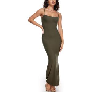 imageINLYRIC Womens Maxi Bodycon Dress Lounge Slip Spaghetti Strap Long Dresses Tank Ribbed Tight Dress CasualDesert Olive
