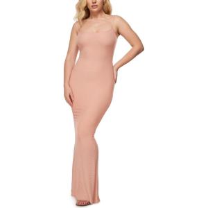 imageINLYRIC Womens Maxi Bodycon Dress Lounge Slip Spaghetti Strap Long Dresses Tank Ribbed Tight Dress CasualGrapefruit Orange
