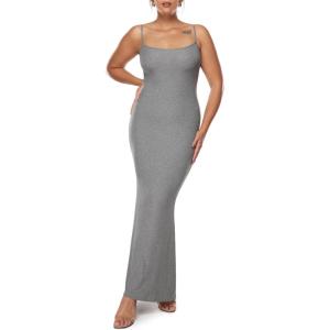 imageINLYRIC Womens Maxi Bodycon Dress Lounge Slip Spaghetti Strap Long Dresses Tank Ribbed Tight Dress CasualHeather Carbon