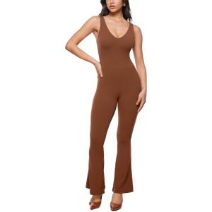 imageINLYRIC Womens Natrelax V Neck Jumpsuit  Backless Yoga Bodycon Sexy One Piece Double Lined Flare Leggings RompersCroissant Brown