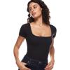 imageINLYRIC Womens Inbarely Square Neck Short Sleeve Bodysuit Double Lined Bodysuits Tank TopsBlack