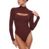 imageINLYRIC Womens Natrelax Long Sleeve Bodysuit Mock Turtleneck Cut Out Bodysuits Sexy Tops Double LinedNoctilucence Red