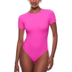imageINLYRIC Womens Inbarely Short Sleeve Bodysuit Crew Neck Double Lined Casual Basic Summer Body suit TopsBright Pink