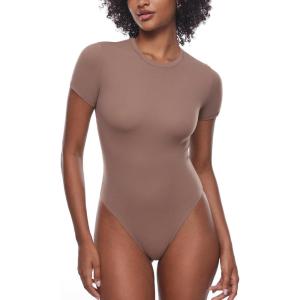 imageINLYRIC Womens Inbarely Short Sleeve Bodysuit Crew Neck Double Lined Casual Basic Summer Body suit TopsBrown Purple