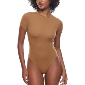 imageINLYRIC Womens Inbarely Short Sleeve Bodysuit Crew Neck Double Lined Casual Basic Summer Body suit TopsCaramel Camel