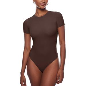imageINLYRIC Womens Inbarely Short Sleeve Bodysuit Crew Neck Double Lined Casual Basic Summer Body suit TopsHazelnut