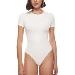 imageINLYRIC Womens Inbarely Short Sleeve Bodysuit Crew Neck Double Lined Casual Basic Summer Body suit TopsIceland White  See Through