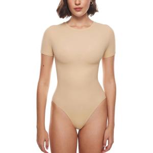 imageINLYRIC Womens Inbarely Short Sleeve Bodysuit Crew Neck Double Lined Casual Basic Summer Body suit TopsLight Oatmeal