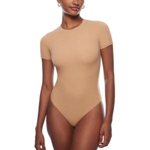 imageINLYRIC Womens Inbarely Short Sleeve Bodysuit Crew Neck Double Lined Casual Basic Summer Body suit TopsPeach Taupe