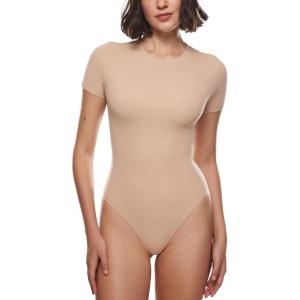 imageINLYRIC Womens Inbarely Short Sleeve Bodysuit Crew Neck Double Lined Casual Basic Summer Body suit TopsWheat Beige