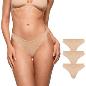 imageINLYRIC Womens Inbarely Soft Thong  No Show Sexy Panties Breathable Vwaisted Ladies Underwear 3 PackWarm Beige 3pack