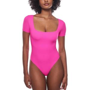 imageINLYRIC Womens Inbarely Square Neck Short Sleeve Bodysuit Double Lined Bodysuits Tank TopsBright Pink