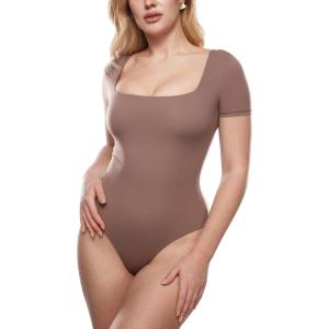 imageINLYRIC Womens Inbarely Square Neck Short Sleeve Bodysuit Double Lined Bodysuits Tank TopsBrown Purple