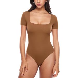imageINLYRIC Womens Inbarely Square Neck Short Sleeve Bodysuit Double Lined Bodysuits Tank TopsChipmunk