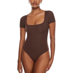 imageINLYRIC Womens Inbarely Square Neck Short Sleeve Bodysuit Double Lined Bodysuits Tank TopsHazelnut