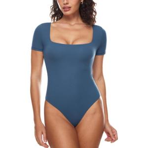 imageINLYRIC Womens Inbarely Square Neck Short Sleeve Bodysuit Double Lined Bodysuits Tank TopsMilitary Blue