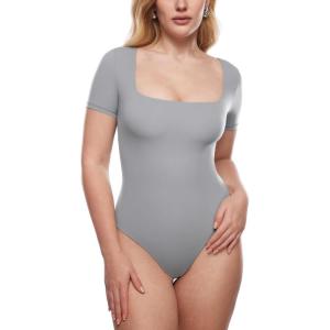 imageINLYRIC Womens Inbarely Square Neck Short Sleeve Bodysuit Double Lined Bodysuits Tank TopsNeutral Gray