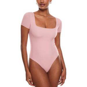 imageINLYRIC Womens Inbarely Square Neck Short Sleeve Bodysuit Double Lined Bodysuits Tank TopsRose Tan