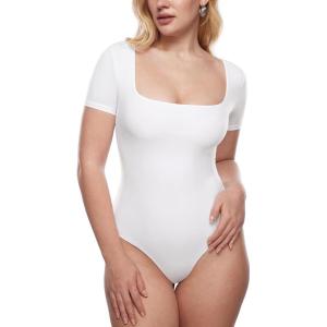 imageINLYRIC Womens Inbarely Square Neck Short Sleeve Bodysuit Double Lined Bodysuits Tank TopsWhite