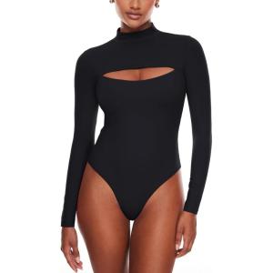 imageINLYRIC Womens Natrelax Long Sleeve Bodysuit Mock Turtleneck Cut Out Bodysuits Sexy Tops Double LinedBlack
