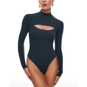 imageINLYRIC Womens Natrelax Long Sleeve Bodysuit Mock Turtleneck Cut Out Bodysuits Sexy Tops Double LinedTrue Navy