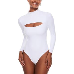imageINLYRIC Womens Natrelax Long Sleeve Bodysuit Mock Turtleneck Cut Out Bodysuits Sexy Tops Double LinedWhite