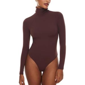 imageINLYRIC Womens Natrelax Mock Turtleneck Long Sleeve Bodysuit Thong Bodysuits Slim Fitted Thermal TopsTaupe