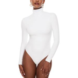 imageINLYRIC Womens Natrelax Mock Turtleneck Long Sleeve Bodysuit Thong Bodysuits Slim Fitted Thermal TopsWhite