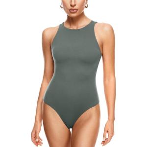 imageINLYRIC Womens Natrelax Sexy Bodysuit Thong Sleeveless Halter Racerback High Neck Tank Tops Body Suits for Going OutGrey Sage