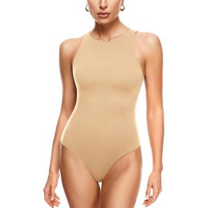 imageINLYRIC Womens Natrelax Sexy Bodysuit Thong Sleeveless Halter Racerback High Neck Tank Tops Body Suits for Going OutTan Milkshake