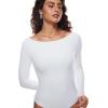 imageINLYRIC Womens Natrelax Long Sleeve Bodysuit Boat Neck Stretchy Basic TopsWhite