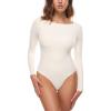 imageINLYRIC Womens Natrelax Long Sleeve Bodysuit Boat Neck Stretchy Basic TopsWhite Apricot