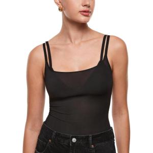 imageINLYRIC Womens Cosnufy Sheer Mesh Scoop Neck Sleeveless Bodysuit See Through Cami Spaghetti Strap Tank Tops LeotardBlack
