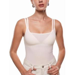 imageINLYRIC Womens Cosnufy Sheer Mesh Scoop Neck Sleeveless Bodysuit See Through Cami Spaghetti Strap Tank Tops LeotardCoconut White