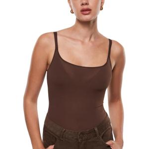 imageINLYRIC Womens Cosnufy Sheer Mesh Scoop Neck Sleeveless Bodysuit See Through Cami Spaghetti Strap Tank Tops LeotardHazelnut
