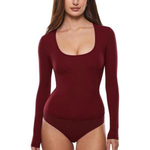 imageINLYRIC Womens Inbarely Soft Deep U Neck Double Lined Long Sleeve Tops Going Out Slim Fitted Sexy Trendy TShirtsAncora Red