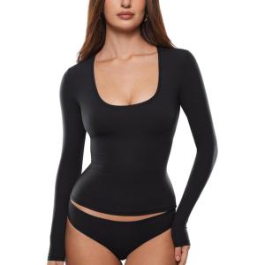 imageINLYRIC Womens Inbarely Soft Deep U Neck Double Lined Long Sleeve Tops Going Out Slim Fitted Sexy Trendy TShirtsBlack