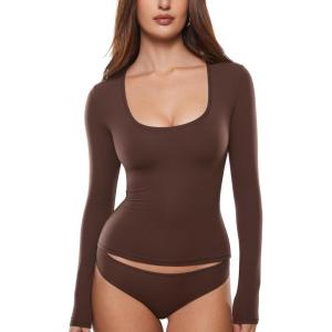 imageINLYRIC Womens Inbarely Soft Deep U Neck Double Lined Long Sleeve Tops Going Out Slim Fitted Sexy Trendy TShirtsHazelnut