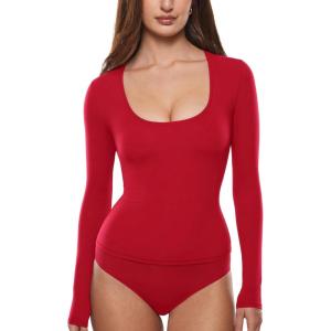 imageINLYRIC Womens Inbarely Soft Deep U Neck Double Lined Long Sleeve Tops Going Out Slim Fitted Sexy Trendy TShirtsLipstick Red