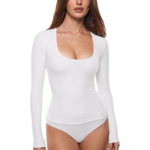 imageINLYRIC Womens Inbarely Soft Deep U Neck Double Lined Long Sleeve Tops Going Out Slim Fitted Sexy Trendy TShirtsSnow White  See Through