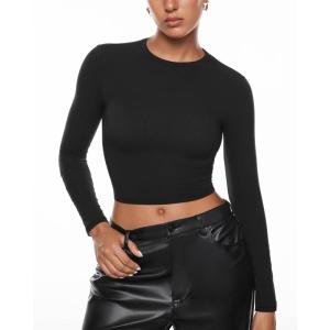 imageINLYRIC Womens Inbarely Soft Long Sleeve Tops Crew Neck Slim Fit Double Lined Basic Casual Going Out Y2K Tees ShirtsBlack