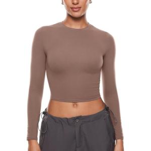 imageINLYRIC Womens Inbarely Soft Long Sleeve Tops Crew Neck Slim Fit Double Lined Basic Casual Going Out Y2K Tees ShirtsBrown Purple
