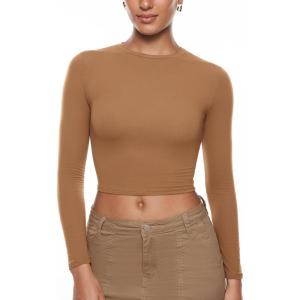 imageINLYRIC Womens Inbarely Soft Long Sleeve Tops Crew Neck Slim Fit Double Lined Basic Casual Going Out Y2K Tees ShirtsCaramel Camel