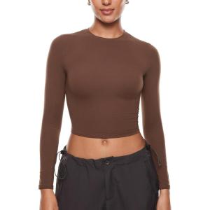 imageINLYRIC Womens Inbarely Soft Long Sleeve Tops Crew Neck Slim Fit Double Lined Basic Casual Going Out Y2K Tees ShirtsCoffee Brown